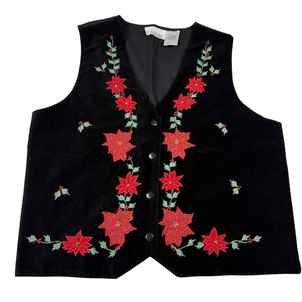 Vintage Christmas Flower Womens Largeโ Embroidered V Neck Grandma Casey & Max